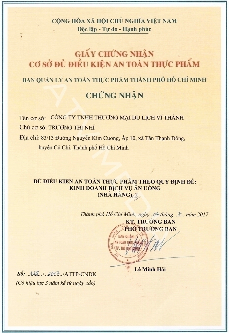 Giấy chứng nhận vệ sinh an toàn thực phẩm
