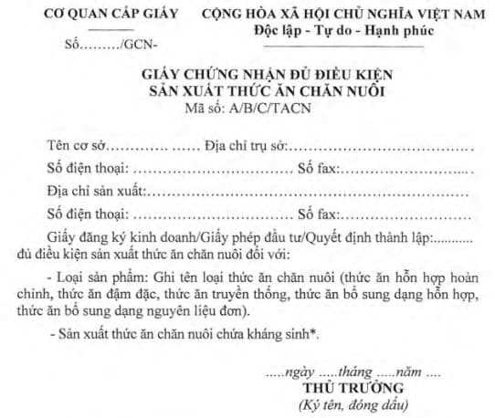 Giấy chứng nhận đủ điều kiện sản xuất thức ăn chăn nuôi